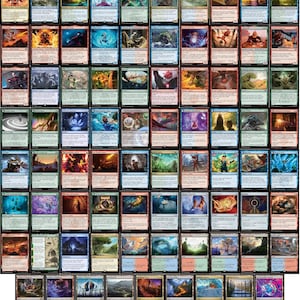 May include: A collection of Magic: The Gathering trading cards, featuring various fantasy art and text. The cards display a range of colors, including blue, green, red, and black, with detailed illustrations of creatures and landscapes.