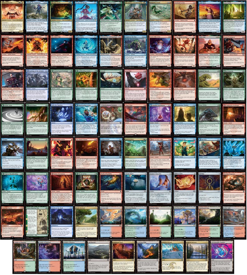 May include: A collection of Magic: The Gathering trading cards, featuring various fantasy art and text. The cards display a range of colors, including blue, green, red, and black, with detailed illustrations of creatures and landscapes.