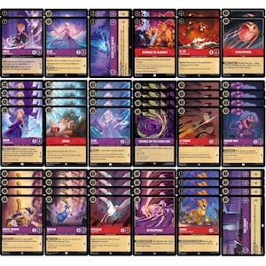 May include: A set of 20 trading cards featuring characters from Disney films. The cards are purple, black, and gold with illustrations of characters like Elsa, Anna, Simba, and Mulan. Each card has a number and a title.