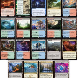 May include: A collection of Magic: The Gathering trading cards. The cards feature various fantasy landscapes, creatures, and spells. The color palette includes reds, blues, greens, and browns. The cards are arranged in rows and columns.