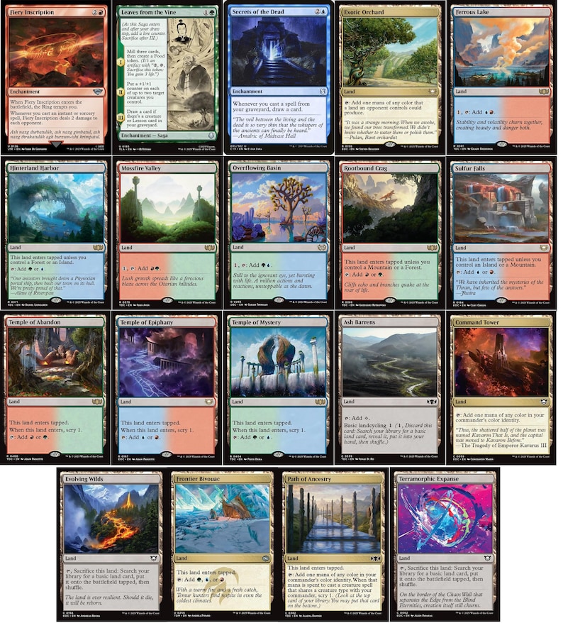 May include: A collection of Magic: The Gathering trading cards. The cards feature various fantasy landscapes, creatures, and spells. The color palette includes reds, blues, greens, and browns. The cards are arranged in rows and columns.