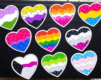 Pride Hearts Matte Vinyl Stickers | Heart-shaped Stickers Inspired by LGBTQIAP+ Pride Flags, Queer, Lesbian, Asexual, Aromantic, Bisexual...