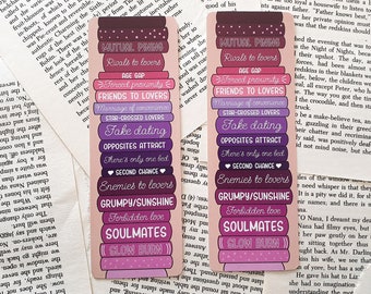 Romance Book Tropes Bookmark | Matte, double-sided bookmark (fake dating, enemies to lovers, grumpy sunshine, slow burn, soulmates, age gap)