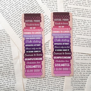 Romance Book Tropes Bookmark | Matte, double-sided bookmark (fake dating, enemies to lovers, grumpy sunshine, slow burn, soulmates, age gap)