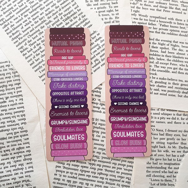 Romance Book Tropes Bookmark | Matte, double-sided bookmark (fake dating, enemies to lovers, grumpy sunshine, slow burn, soulmates, age gap)