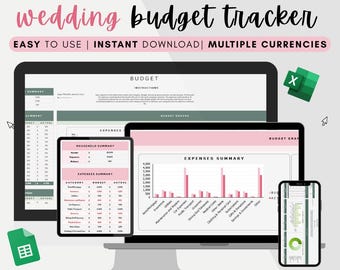 May include: A digital wedding budget tracker displayed on a tablet, laptop, and smartphone. The text reads "The ultimate wedding budget tracker" and "Easy to use | Instant download | Multiple currencies". The image also includes Excel and Google Sheets logos.