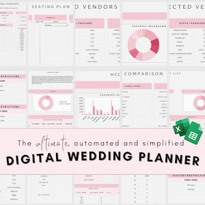 Op de afbeelding: Een digitale trouwplanner sjabloon in roze en wit. Het bevat secties voor zitplaatsen, leveranciersinformatie, uitgaven en gastgegevens. De tekst luidt "The ultimate, automated and simplified DIGITAL WEDDING PLANNER".
