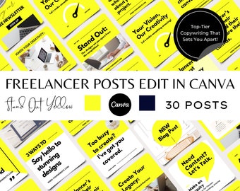 Freelancer Instagram Posts, Blog Posts, Canva Templates, Editable Social Media Posts, Yellow, Entrepreneur, Virtual Assistant Tools