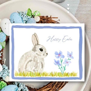 Hoppy Easter Card with Bunny and Flowers and Purple Border