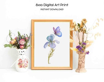 Aquarell Iris und Schmetterling Kunstdruck 20x30cm (Digital Download)