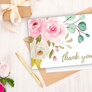 Pink And White Watercolor Rose Thank You Card for instant download