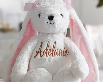 Personalized White Bunny Plush for Baby Girl or Boy, Bunny With Pink Bows Stuffed Animal Flower Girl Newborn First Birthday Christmas Gift