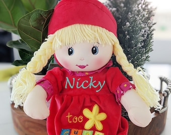 Personalized Plush Doll, Red Dress, Rosy Cheeks, Newborn Gift