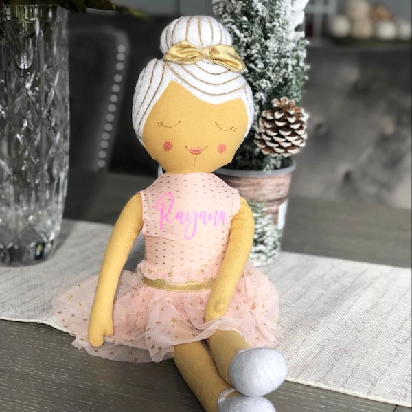 Customized Ballerina Princess Pillow Doll with White Hair Pink Dress Sandals 33 Glitter Name Colors to Choose from for Your Personalization