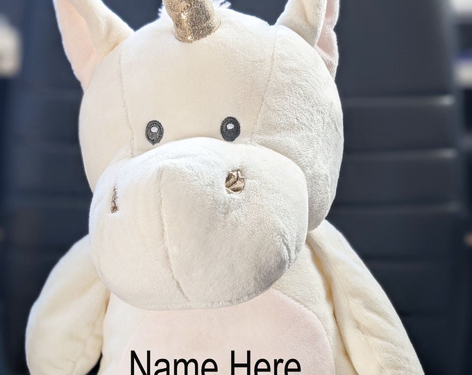 Personalized Unicorn Plush Toy 20" Long, Ears Floppy Arms and Legs, Rattle Inside, Baby Shower Birthday Baby Girl Gift