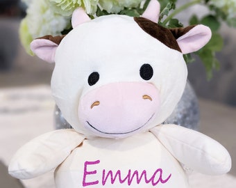 Personalized Plush Cow, Pink Snout, Newborn Gift, 15"