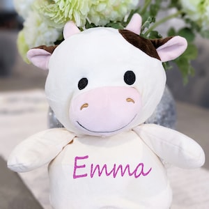 Personalized Cow 15" Soft Plush for Baby Girl or Boy, Cow With Pink Snout and Horns Stuffed Animal Flower Girl Newborn Gift First Birthday