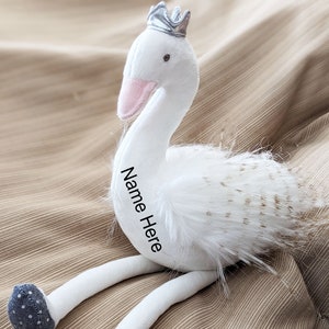 Personalized White Swan Princess Plush for Baby Girl or Boy Swan With Crown Stuffed Animal Flower Girl Custom Newborn Gift First Birthday