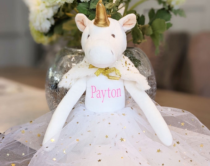 Personalized Unicorn Plush Unicorn Stuffed Ballerina 12" Elegant Dress Cowl & Sandal Custom Name Newborn Birthday Flower Girl Gift Christmas