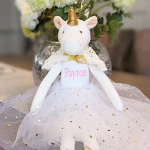 Personalized Unicorn Plush Unicorn Stuffed Ballerina 12&quot; Elegant Dress Cowl & Sandal Custom Name Newborn Birthday Flower Girl Gift Christmas