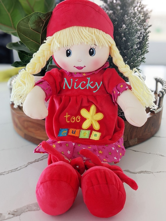 Personalized Plush Doll Too Cute Sweet Cakes Doll Red Dress Hat Shoes Rosy Cheeks 18 Tall Newborn Gift Flower Girl Gift Birthday Gift