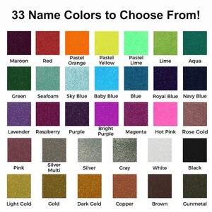 Puede incluir: Imagen que muestra 33 colores de nombres con purpurina, incluyendo granate, rojo, naranja, amarillo, lima, aguamarina, verde, espuma de mar, azul cielo, azul beb&eacute;, azul, azul real, azul marino, lavanda, frambuesa, morado, morado brillante, magenta, rosa intenso, oro rosa, rosa, plata multi, plata, gris, blanco, negro, oro claro, oro, oro oscuro, cobre, marr&oacute;n y metal de ca&ntilde;&oacute;n.