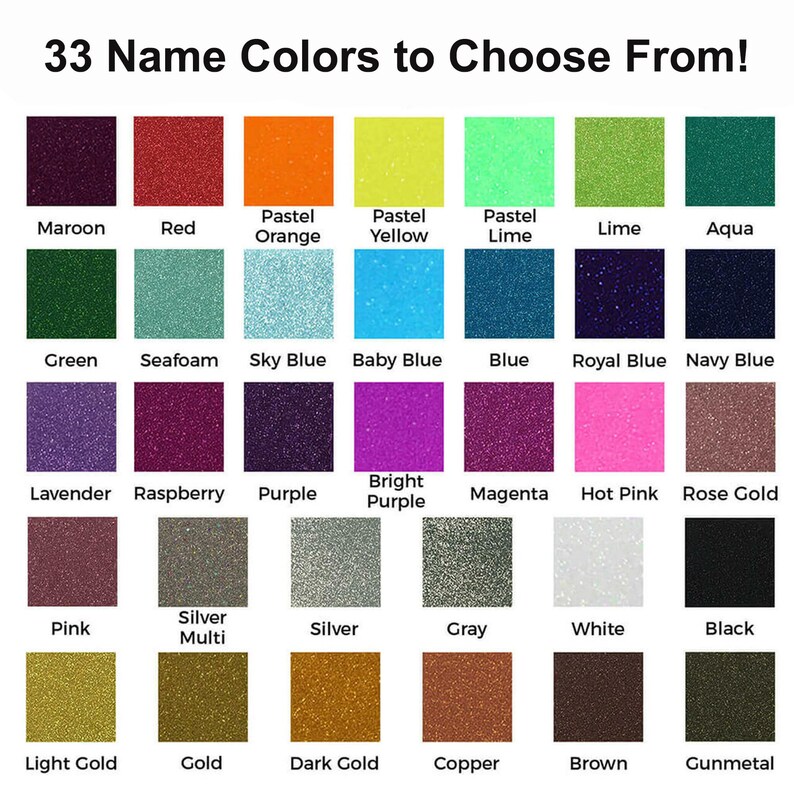 Puede incluir: Imagen que muestra 33 colores de nombres con purpurina, incluyendo granate, rojo, naranja, amarillo, lima, aguamarina, verde, espuma de mar, azul cielo, azul beb&eacute;, azul, azul real, azul marino, lavanda, frambuesa, morado, morado brillante, magenta, rosa intenso, oro rosa, rosa, plata multi, plata, gris, blanco, negro, oro claro, oro, oro oscuro, cobre, marr&oacute;n y metal de ca&ntilde;&oacute;n.