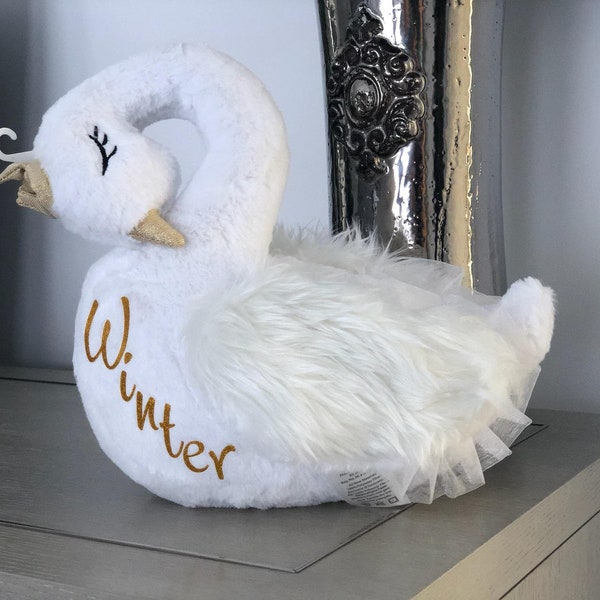 Personalized White Swan Plush for Baby Girl or Boy, Swan With Crown Stuffed Animal, Flower Girl Custom Gift, Newborn Gift, First Birthday