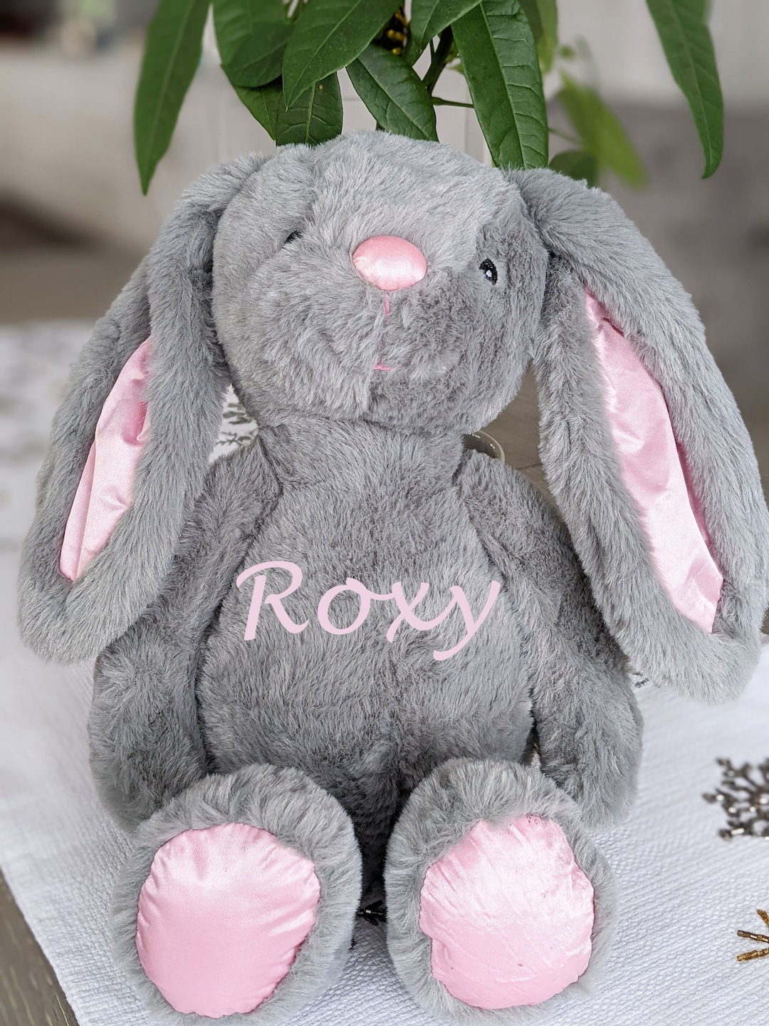 Personalized Gray Bunny Plush Toy Super Soft Plushie With Pink Nose ...