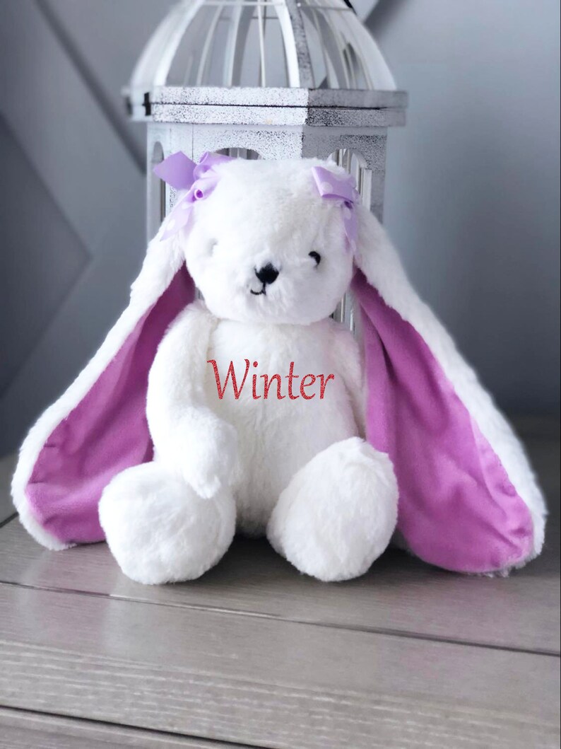 Puede incluir: Un conejito de peluche blanco con orejas largas y un interior morado. El conejito tiene un lazo morado en cada oreja y el nombre "Winter" en escritura roja en el pecho. El conejito est&aacute; sentado frente a una jaula decorativa blanca.
