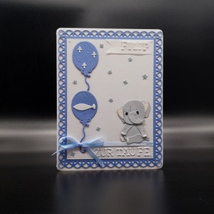 Gepersonaliseerde doopkaart voor jongen, religieuze doopkaart, kaart met christelijk symbool vis, kruis, olifantenkaart, doopkaart in envelop