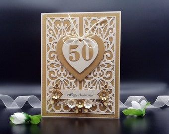 Biglietto di nozze in oro fatto a mano di lusso, 50 anni insieme, biglietto per il cinquantesimo anniversario, biglietto di auguri di nozze in oro 3D, carta regalo in contanti, carta in confezione regalo