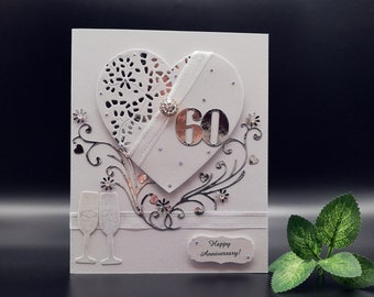 Biglietto di nozze di diamanti di lusso fatto a mano, 60 anni insieme, 60° anniversario, biglietto di auguri di nozze con diamanti 3d, biglietto di anniversario, biglietto in confezione regalo