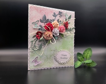 Carte d'anniversaire de luxe faite main, dentelle, fleurs en papier, carte 3D dans une boîte cadeau, carte pour elle, pour maman, grand-mère, pour fille, pour anniversaire, cadeau en espèces