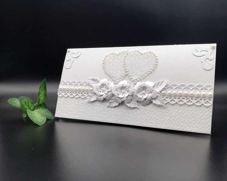 Handmade wedding envelope/Elegant envelope for wedding money/Envelope for voucher/Envelope decorated with pearl beads/Envelope in a box image 3