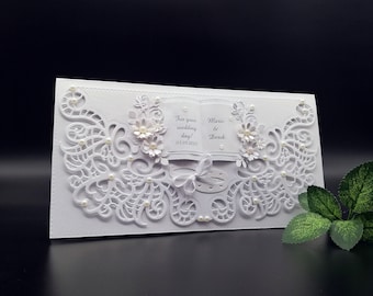 Handmade Wedding Money Envelope: White Pearl Card, Lace & Pearl Decor