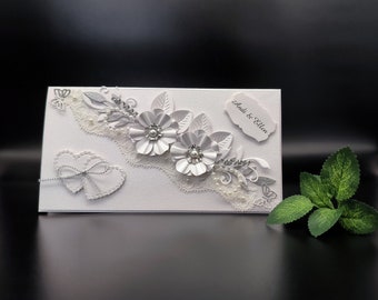 Handgefertigter Hochzeitsumschlag, Luxus Umschlag für Hochzeitsgeld, Umschlag für Gutschein, Umschlag für Hochzeitsgeschenk, Weißer Umschlag in Geschenkbox