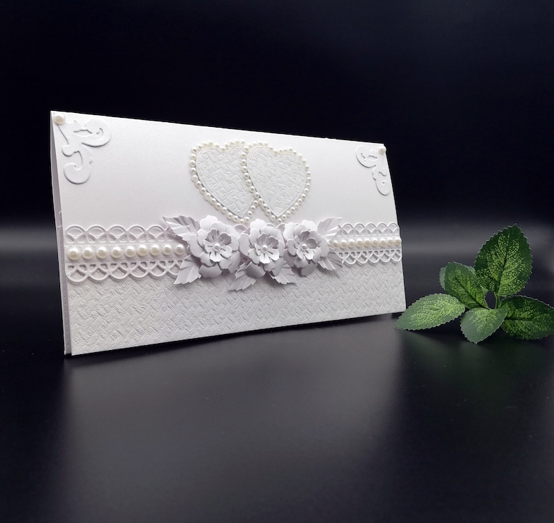 Handmade wedding envelope/Elegant envelope for wedding money/Envelope for voucher/Envelope decorated with pearl beads/Envelope in a box image 2