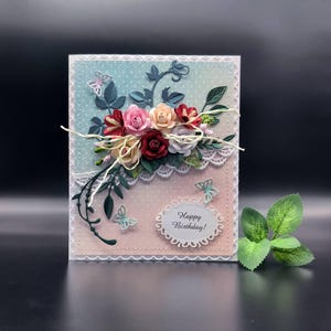 Handmade Luxury Birthday Card,Lace Card,Paper Flowers,3D Card in Gift Box,Card for her,for mom, grandma,for daughter,for birthday,Cash Gift