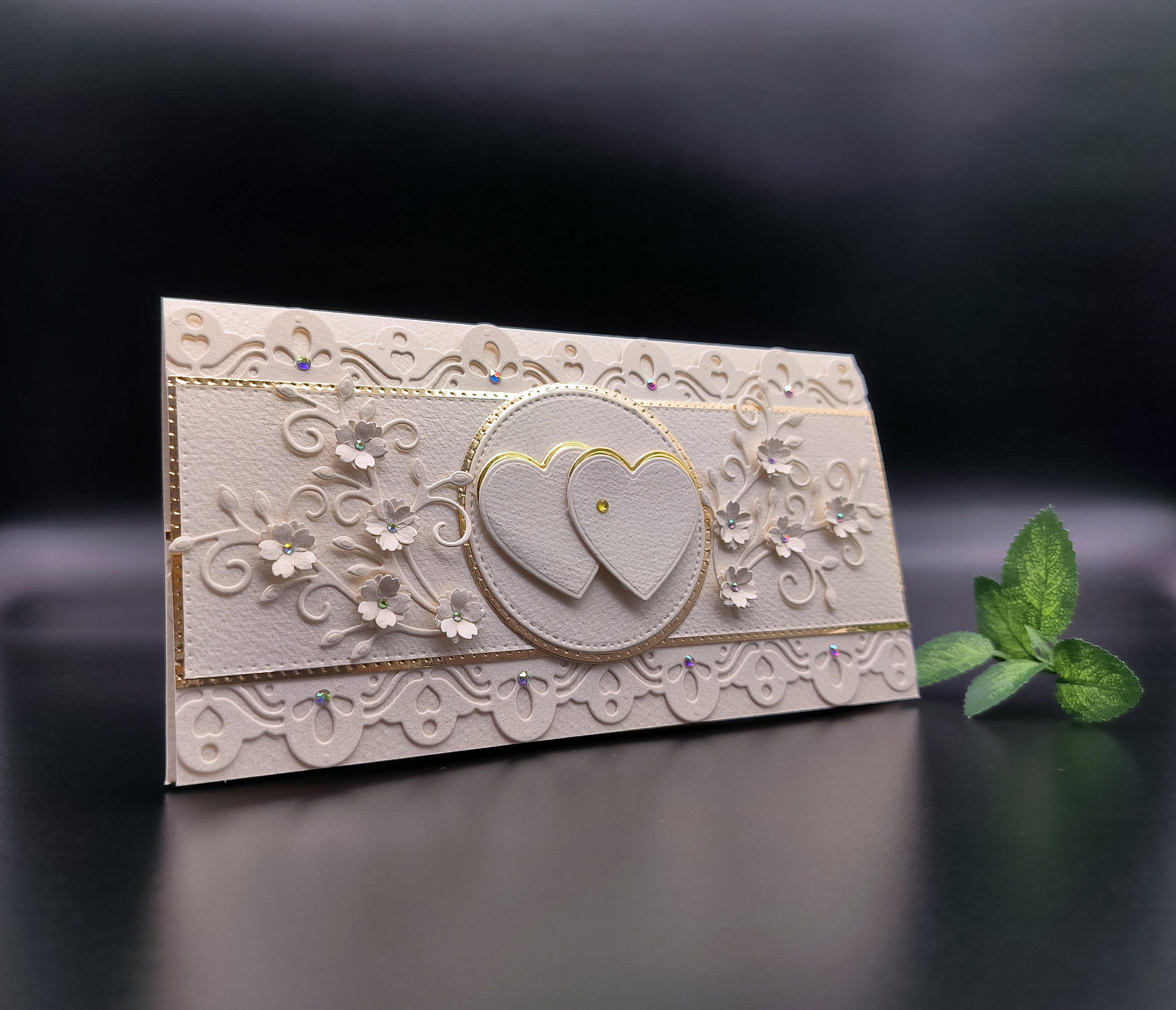 Handmade Cream Wedding Money Envelope: Pearl Card, Lace & Gemstones