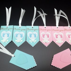 Dankeschön Geschenkanhänger Babyparty, Babyparty Aufkleber, Geschenkanhänger mit gestickten Baby Füßen, Dankeschön Tags für Baby Mädchen, Jungen, für ersten Geburtstag