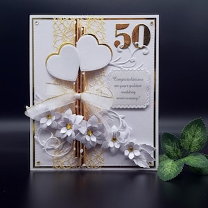 Tarjeta de bodas de oro de lujo hecha a mano, 50 años juntos, 50 aniversario, tarjeta de bodas de oro 3D, tarjeta en caja de regalo, felices bodas de oro