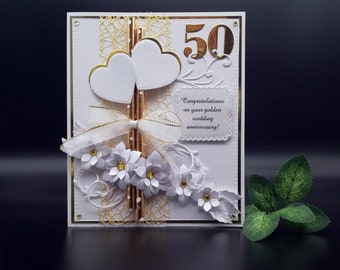 Carte de mariage dorée faite main de luxe, 50 ans ensemble, 50 anniversaire, carte de mariage dorée 3D, carte dans une boîte cadeau, joyeux mariage doré
