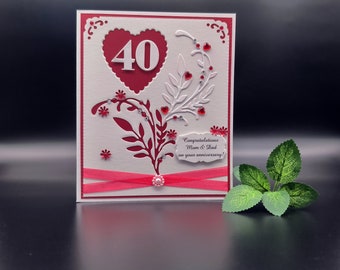Handgemachte Rubin-Hochzeitskarte, 40 Jahre zusammen, 3D-Grußkarte zum 40-jährigen Jubiläum, Glückwünsche zum Jahrestag an Mama und Papa, Karte in Geschenkbox
