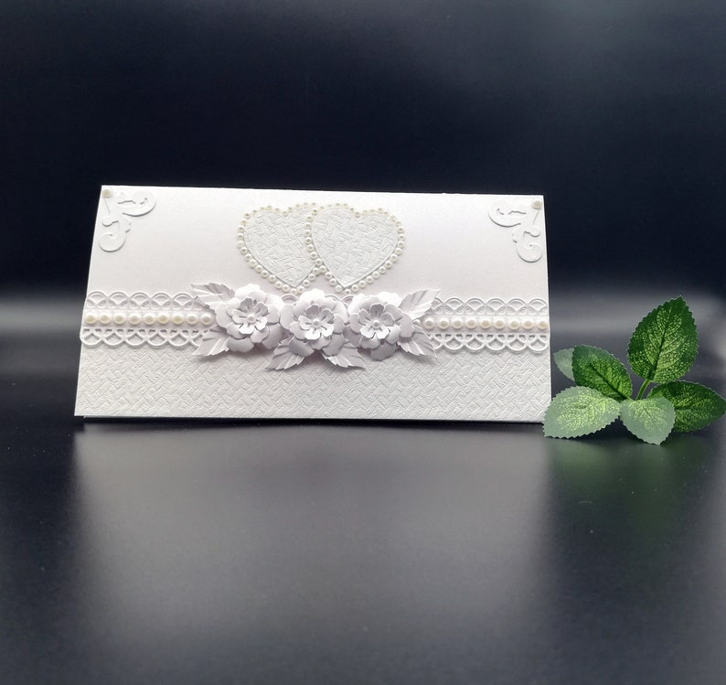 Handmade wedding envelope/Elegant envelope for wedding money/Envelope for voucher/Envelope decorated with pearl beads/Envelope in a box image 1