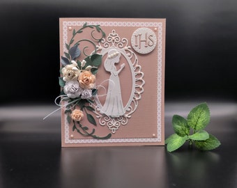 Handmade first  Communion Card, Girl's Communion Greeting Card, Religious Card with Paper Flowers, Confirmation Card  in a gift box