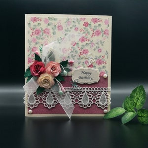 Carte faite main, Carte d'anniversaire, Enveloppe pour de l'argent, Carte avec fleurs, Carte de dentelle, Carte colorée, Carte de voeux, Carte pour femme, mère, amie, Carte coffret cadeau