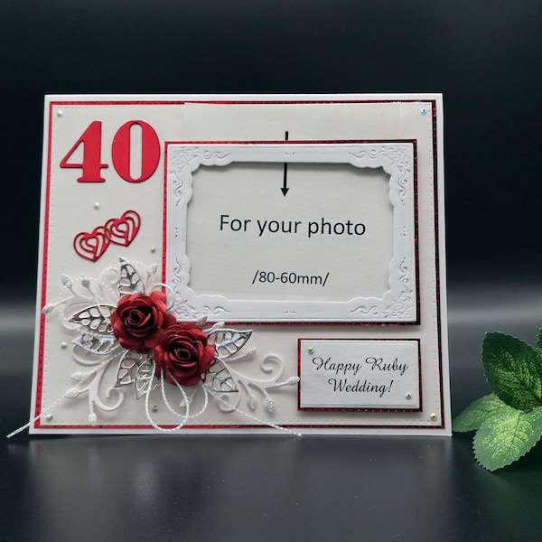 Carte de mariage rubis faite main avec photo, 40 ans de vie commune, 40e anniversaire personnalisée, carte de mariage rubis 3D dans une boîte cadeau, joyeux mariage rubis