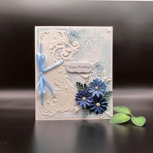 Tarjeta de felicitación hecha a mano de lujo, tarjeta de cumpleaños, tarjeta de felicitación 3D, tarjeta de felicitación en blanco y azul, tarjeta de cumpleaños con flores de papel, tarjeta de caja de regalo