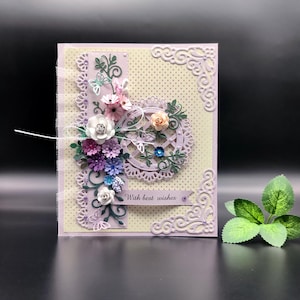 Luxus handgefertigte Karte in Box, Grußkarte in lila, Karte mit Papierblumen, Karte mit den besten Wünschen, Geburtstagskarte, Muttertagskarte